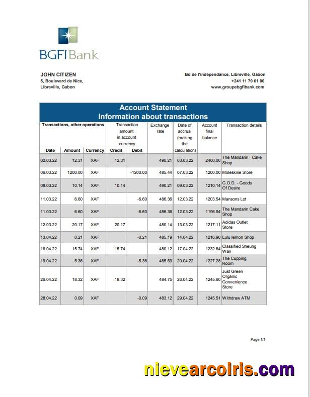 Gabon BGFI bank statement, Excel and PDF format